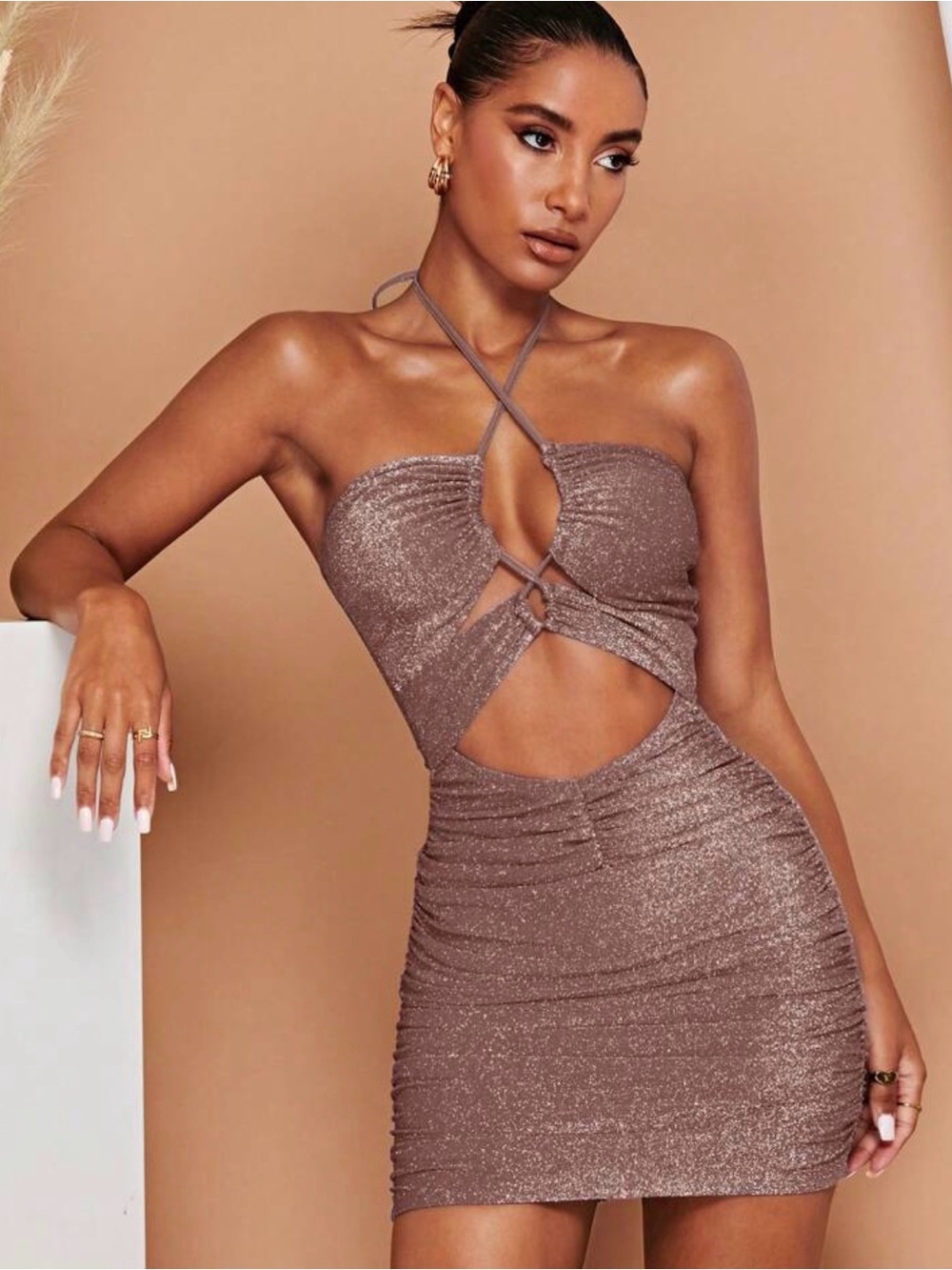 Sparkle Taupe Cutout Halter Mini Dress